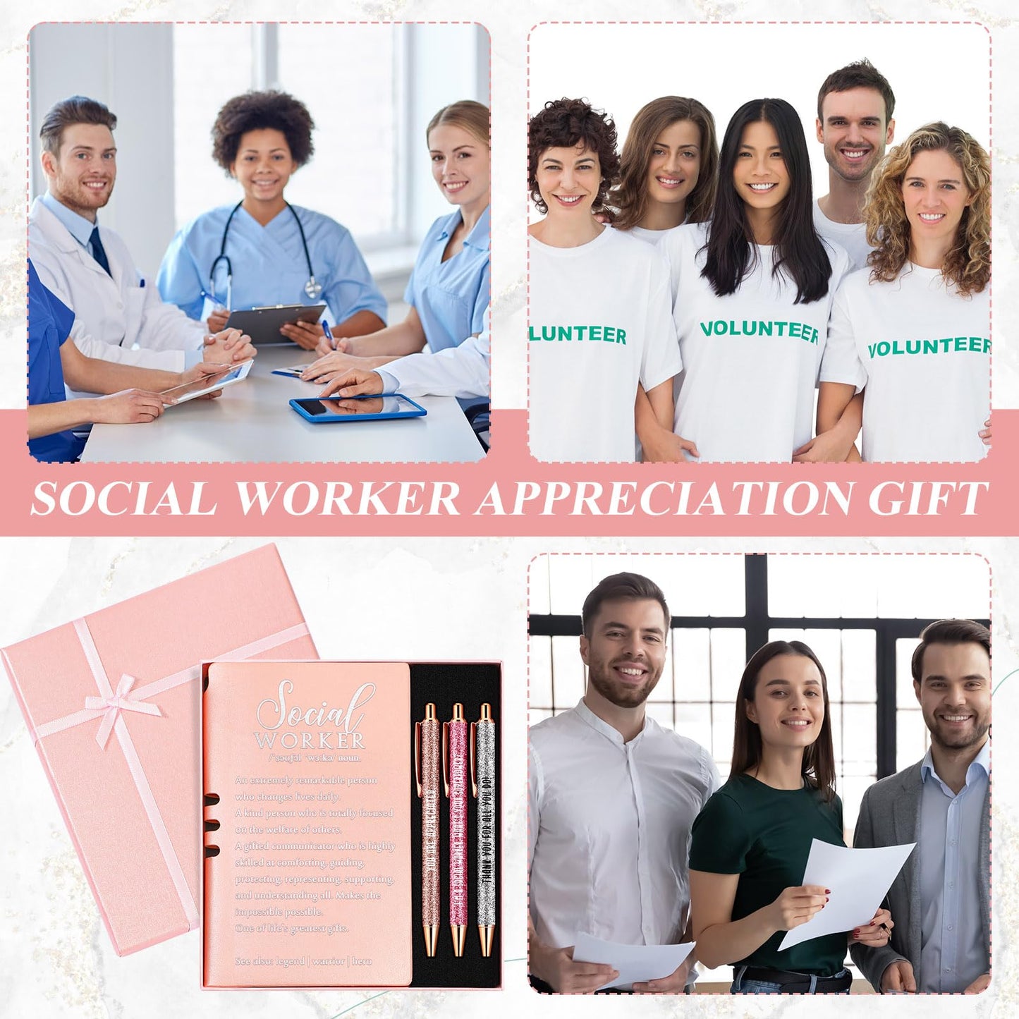 Resurhang 5 Pcs School Social Worker Must Haves Office Supplies Graduation Gift Leather Journal Notebook 3 Ballpoint Pens with Box Thank You Social Work Appreciation Gift for BSW MSW DSW(Pink)