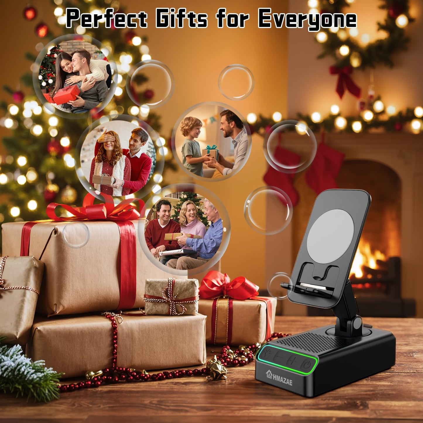 HMAZAE Cell Phone Stand with Wireless Bluetooth Speaker, Wireless Induction Audio, Emergency Rechargeable Portable Speaker Cellphone Stand with Colorful Ambient Light, Ideal Gifts for Men and Women