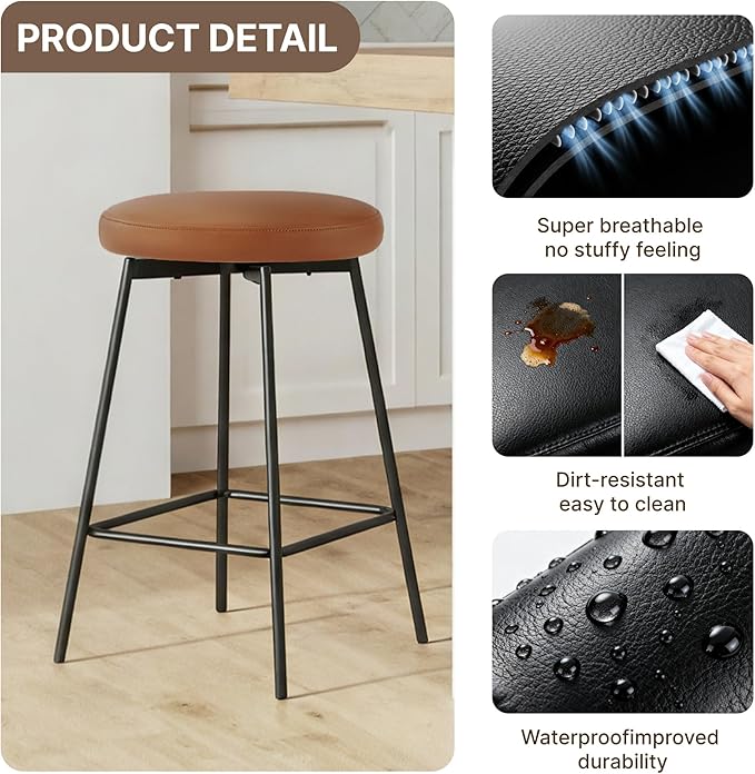 Swivel Bar Stools Set of 6, 24" Counter Height Bar Stool, Backless Barstools with Faux Leather Upholstered Seat&Sturdy Wood Legs for Kitchen Island, Brown