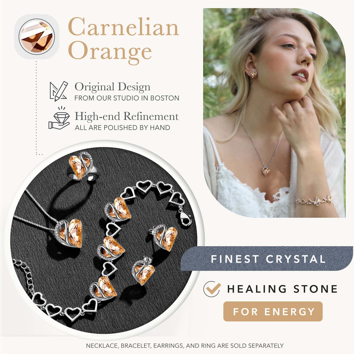 Leafael Infinity Love Heart Gift Bracelet for Women, Carnelian Orange Healing Stone for Energy, Silver Tone, 7-inch Chain and 2-inch Extender