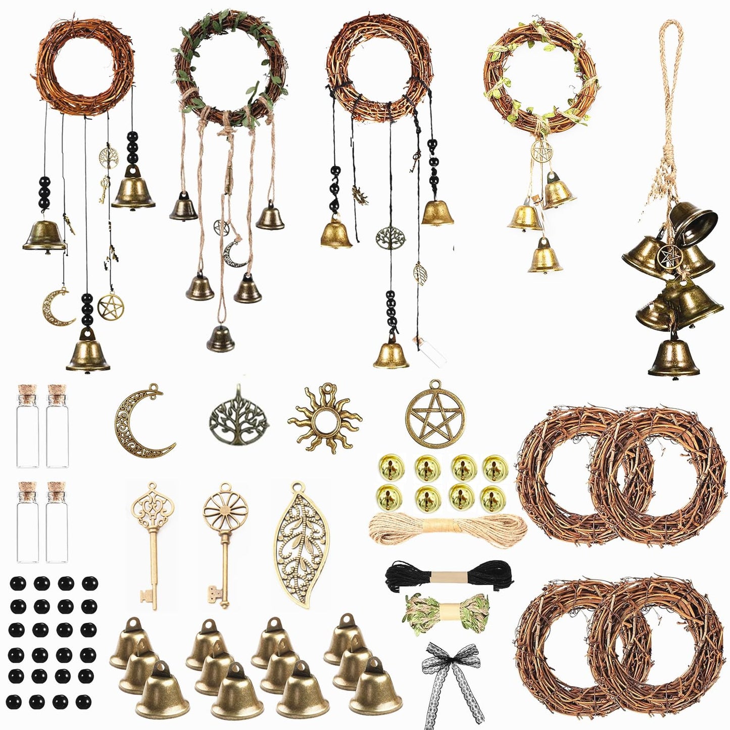 69 Pcs Witch Bells DIY Kit Decor Door Knob Hanging Witchcraft Protection Witchy Wind Chimes Wreath Decorations