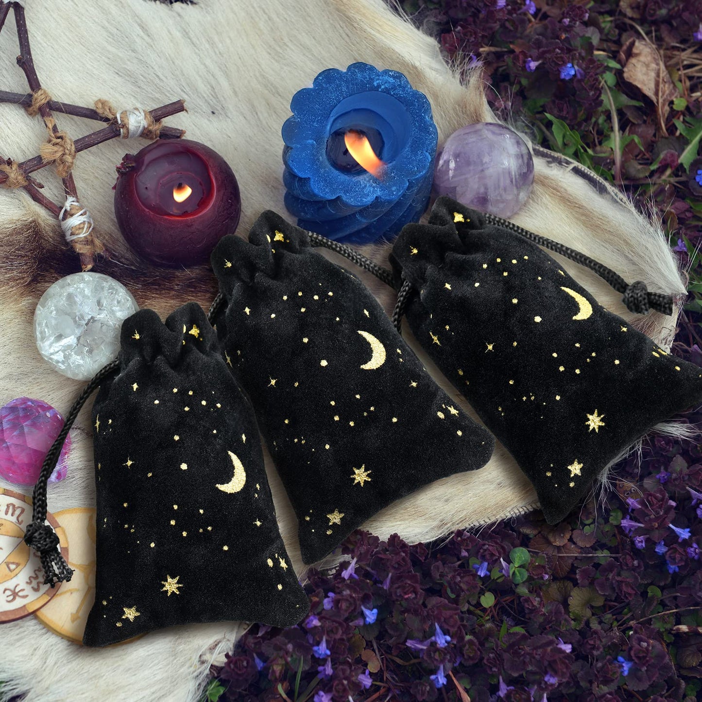 Hillban 30 Pcs 2 x 3 Inch Small Black Velvet Drawstrings Bags Bulk for Jewelry Moon Star Pouch with Drawstrings Jewelry Bags for Tarot Gift Packaging Graduation Wedding Anniversary Eid Mubarak