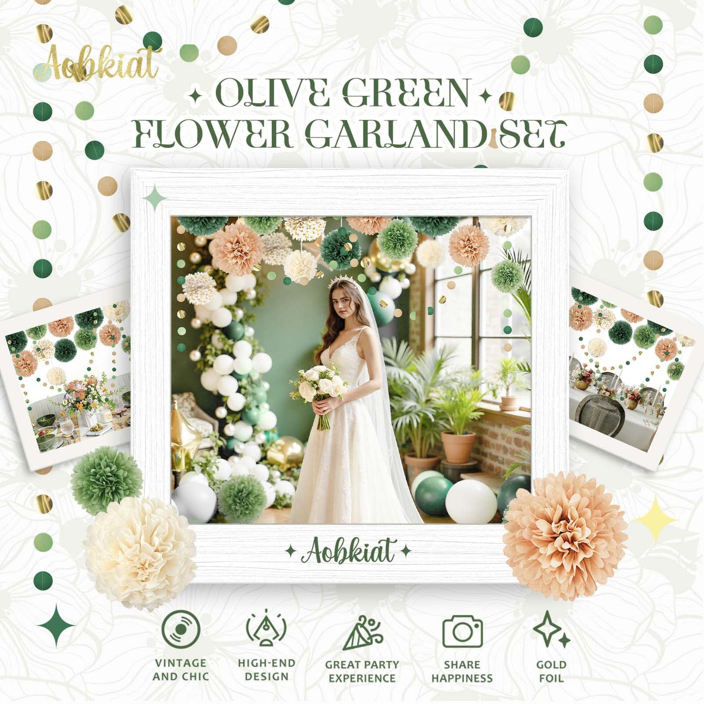 AOBKIAT Wedding Party Decorations Set,15PCS Green Tissue Paper Pom Poms,Dots Paper Garland String Hanging Backdrop for Engagement,Green Boho Wedding,Baby Shower