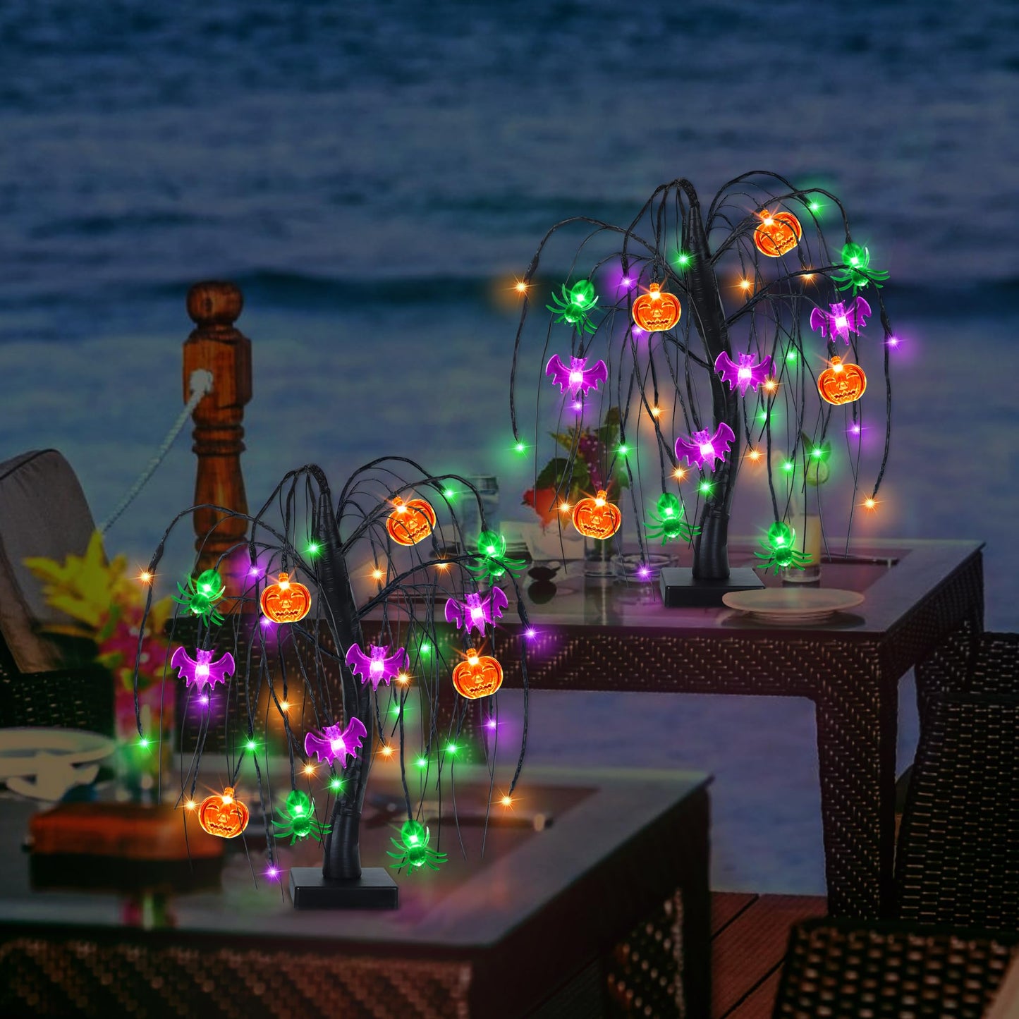 Halloween Table Decor 18 Inch 36 LED Halloween Willow Tree with Pumpkin Bat Spider Lights, Timer/USB/Battery Operated Black Halloween Tree Spooky Halloween Decorations Indoor for Home Party Room Gifts