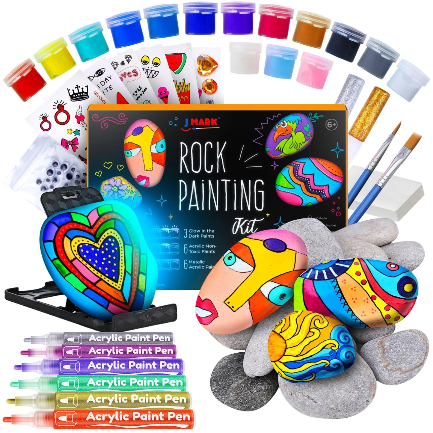 J MARK Premium Rock Painting Kit - Acrylic Paint Pens for Rock Painting, Glow in the Dark and More