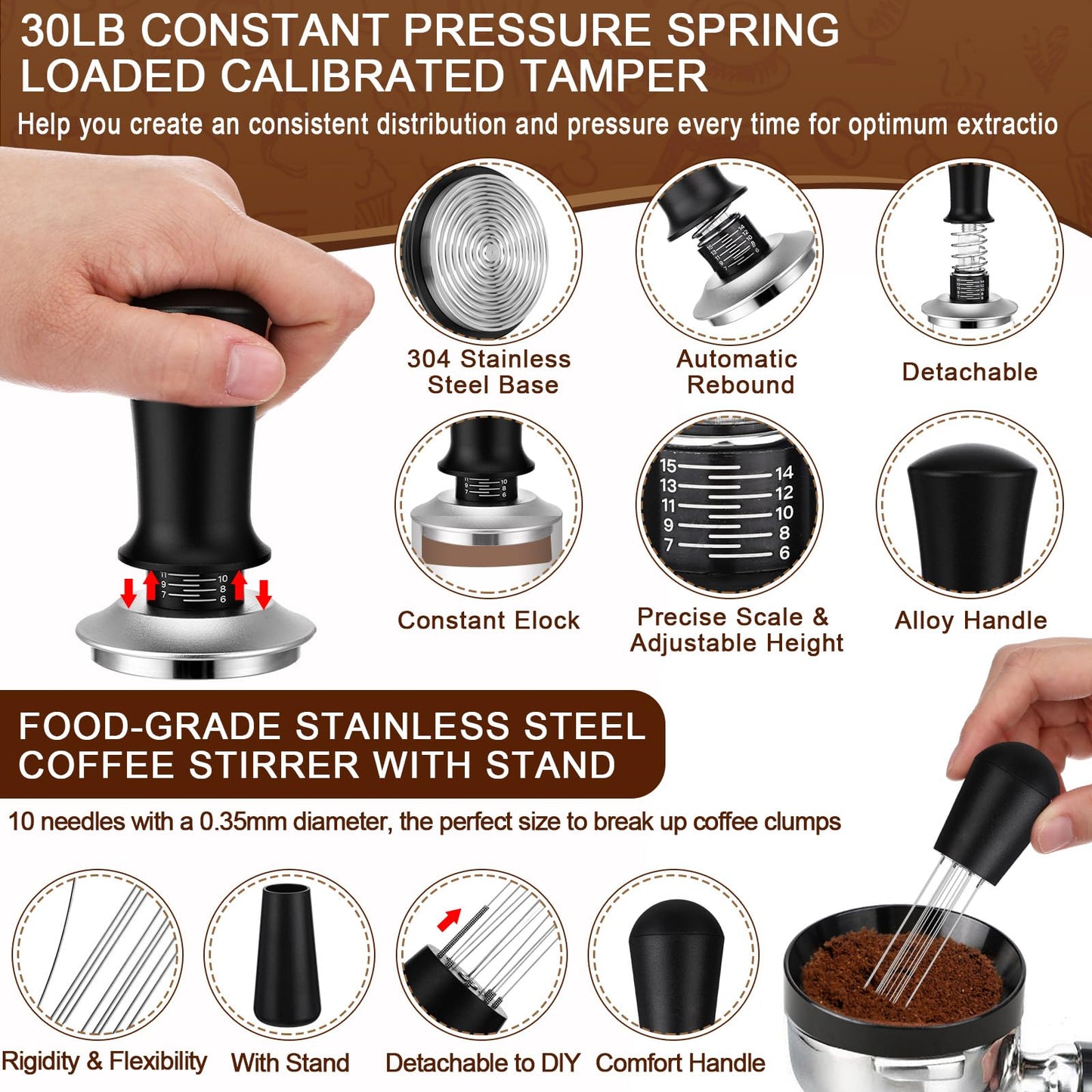 Acellegic 5 Pcs 51mm Espresso Accessories Kit, 3kg/0.1g Accurate Coffee Scale with Timer, Coffee Distributor Spring Loaded Calibrated Tamper WDT Tool and Dosing Funnel Set Fits 51mm Espresso Machines