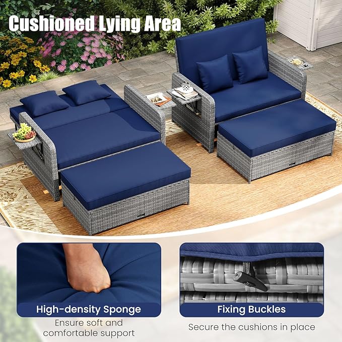 LDAILY Moccha Outdoor Daybed, Wicker Loveseat Sofa Set with 4-Postion Adjustable Backrest, Storage Ottoman, Cushions, Rattan Double Bed Lounger, Patio Furniture Set (Mixed Gray+Navy)