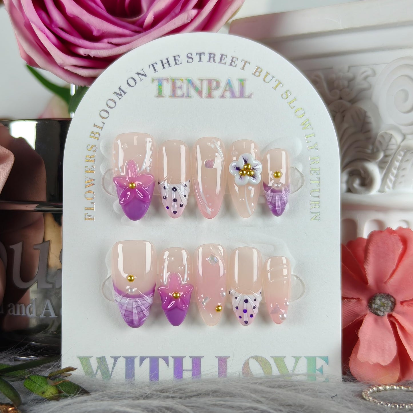 TENPAL Handmade Soft Lilac French Tips Press on Nails Medium Almond with 3D Glitter Floral & Pearl, Handmade & Reusable, Sheer Flattering False Nails for Everyday Summer Wear 10PCS(S)