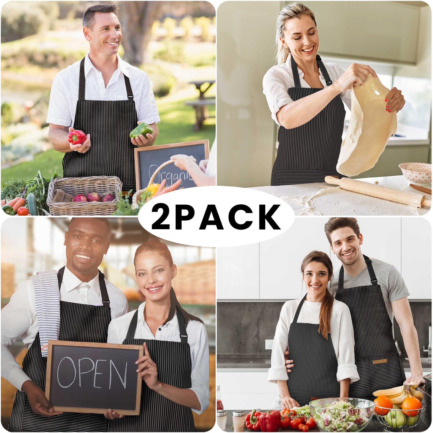 BeLuyi 2 Pack Adjustable Bib Apron with 2 Pockets Chef Cooking Kitchen Restaurant Aprons for Women Men (Black Pinstripe)