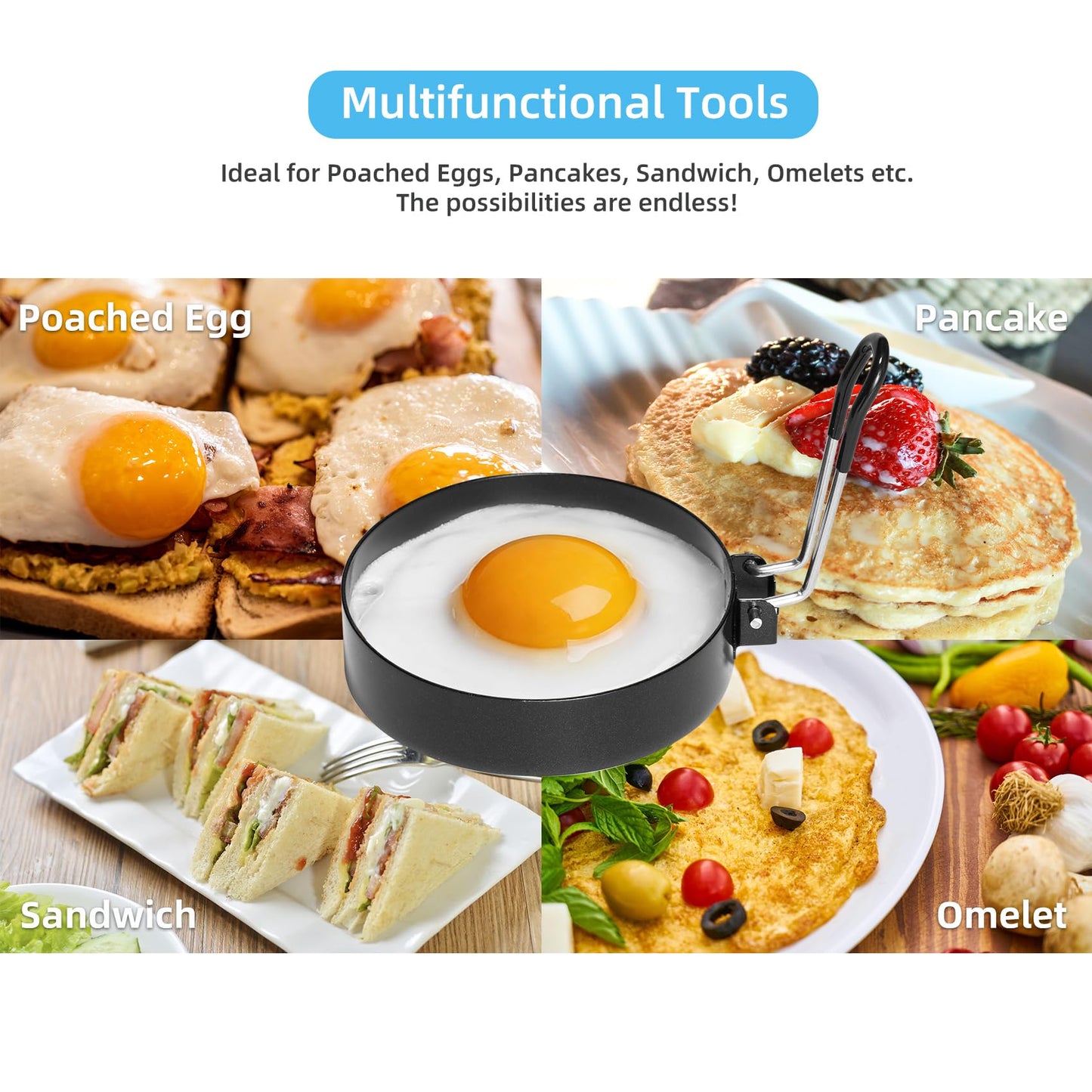 Stainless Steel Egg Rings for Frying Eggs（4 Pack） - 3.5" Round Non Stick Griddle Rings with Oil Brush, Egg Sandwich/Pancake/Cooking Molds, Breakfast Maker Accessories & Egg Separator
