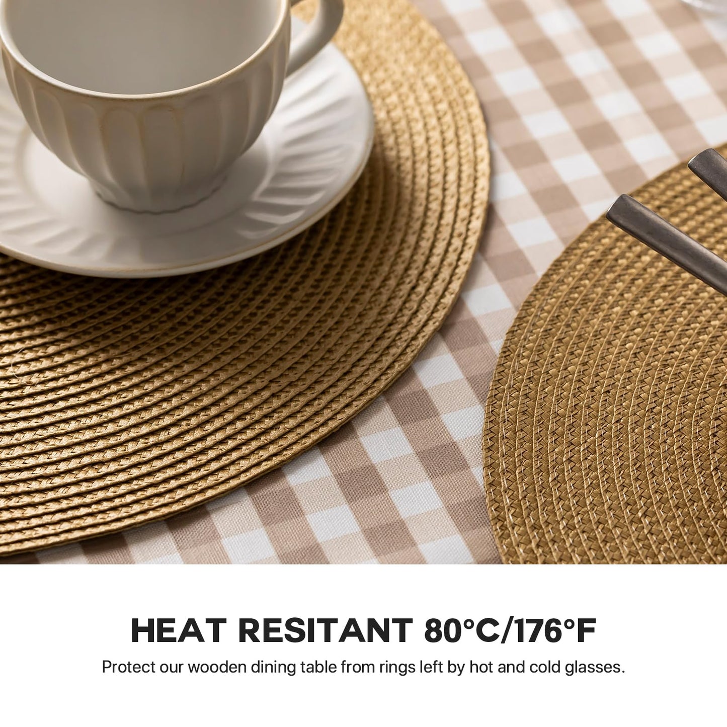 Baroyal Round Placemats Set of 8 Plastic Woven Placemats Washable Wipeable Table Mats for Dining Table Heat Resistant Non-Slip Circle Place Mats (Tan)