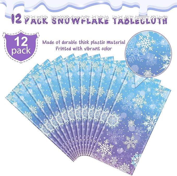 12Pack Winter Snowflake Plastic Tablecloth Decorations, Blue and Purple Snowflake Winter Wonderland Disposable Table Cover for Christmas Holiday New Year Party Supplies Decorations, 54x108 Inch