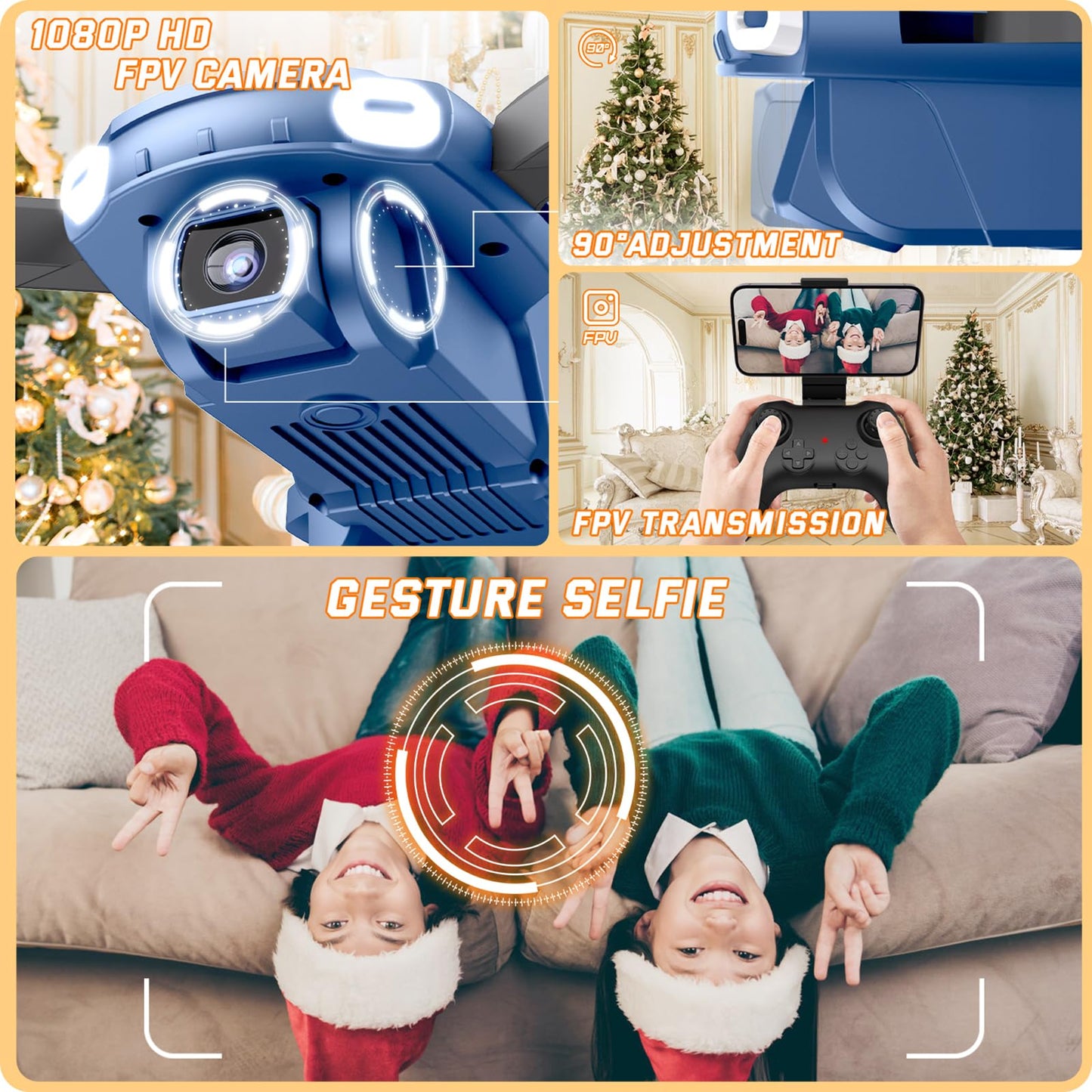 Foldable Drone with Camera for Kids Beginners - Remote Control Helicopter Toys Gifts for Boys Girls, 1080P HD FPV RC Drones with 2 Batteries, One Key Start/Land, Altitude Hold, Gesture Selfie, Blue