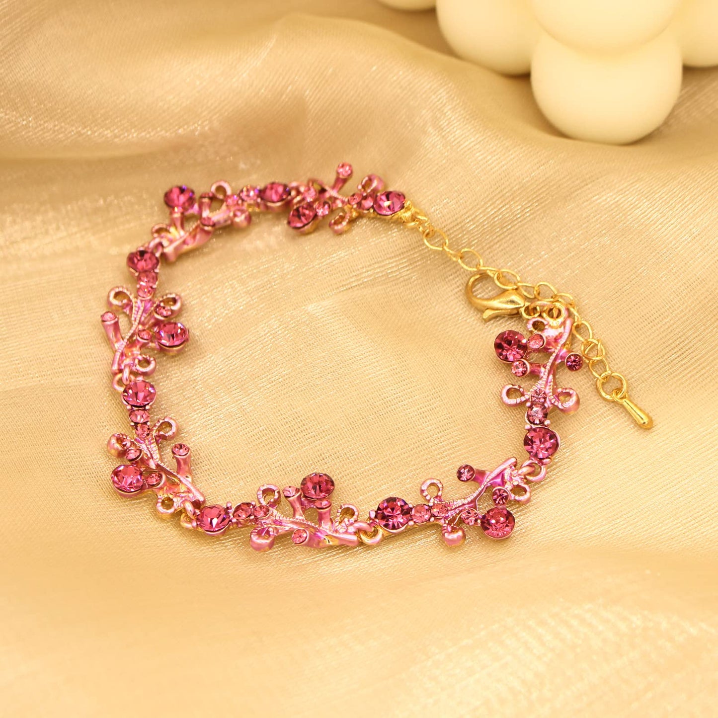 3Pcs Austrian Crystal Jewelry Set for Women, Necklace Dangle Earrings Link Bracelet Jewelry Set with Gold/Platinum/Gun Plated, Wedding Party Jewelry for Bridal Bridesmaid (Rose Red-Gold Plated)