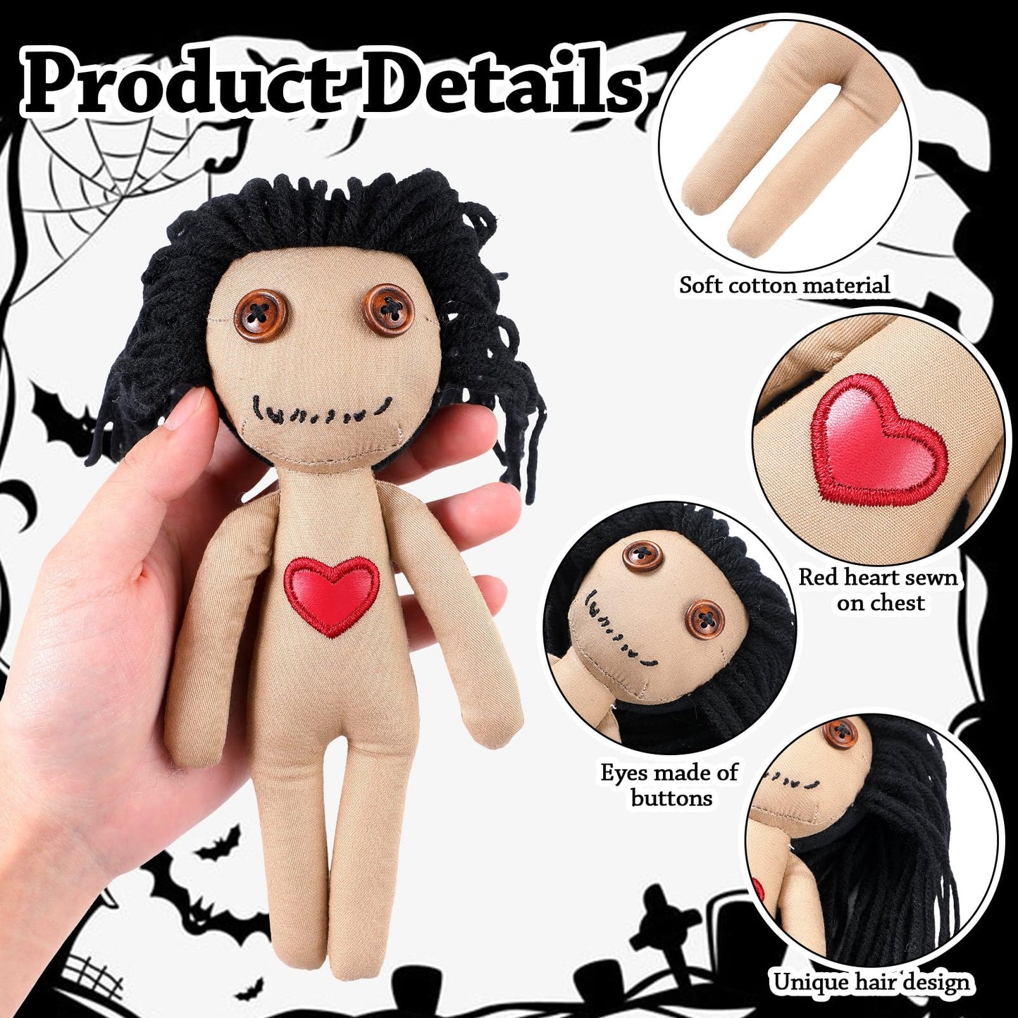 Jenaai 12 Pcs Voodoo Doll Set Include 2 Pcs Creepy Dolls with 10 Pcs Skull Pins Soft Halloween Scary 7.87 Inch Creepy Voodoo with Pins for Halloween Ornaments Fidget Toys Stress Relieving