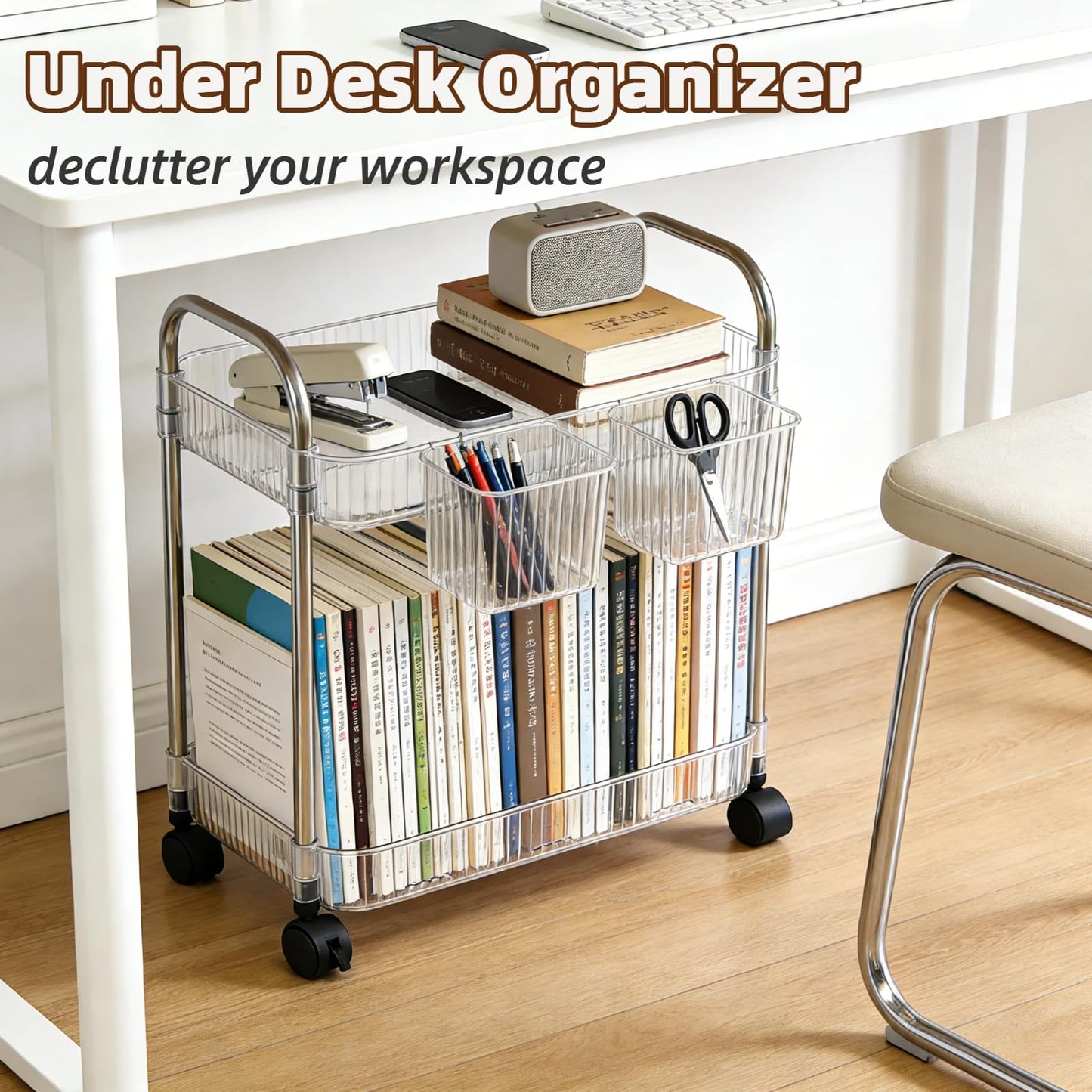 Ufriandz 2 Tier Utility Rolling Cart with Wheels Sofa Side Table Small Under Desk Storage Organizer, Clear Acrylic Plastic Mobile Trolley Organization Storage Cart for Kitchen Pantry Bathroom Vanity