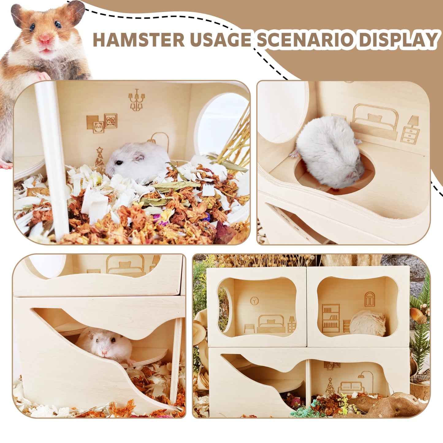 Hamster Hideout Wooden House,Hamsters Multi Chamber Hideout,Small Animal Habitat for Clear Observation,Hamster Toys for Dwarf Hamstersm,Gerbils, Hedgehogs, Rats, Mice(Study Room)