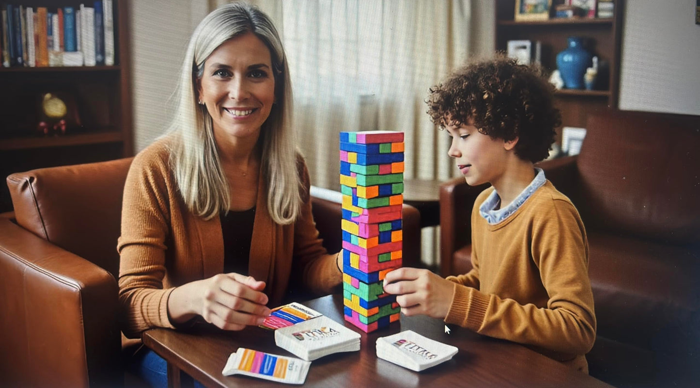 YEHUA! Totika Therapy Game Five Card Set with 48 Colored Stackable Blocks - Self Esteem, Junior, Teen/Adult, Life Skills and Icebreaker - A Game of Fun, Skill and Communication
