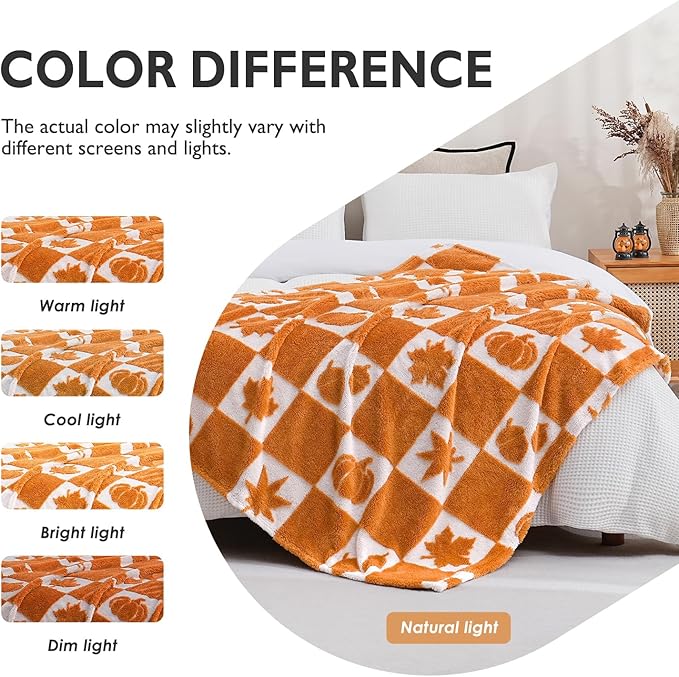 SOCHOW Fall Decor Jacquard Throw Blanket, Fuzzy Soft Warm Pumpkin Maple Leaves Plaid Autumn Checkered Blanket for Couch, Sofa and Bed, 50 x 60 Inches, Orange/White