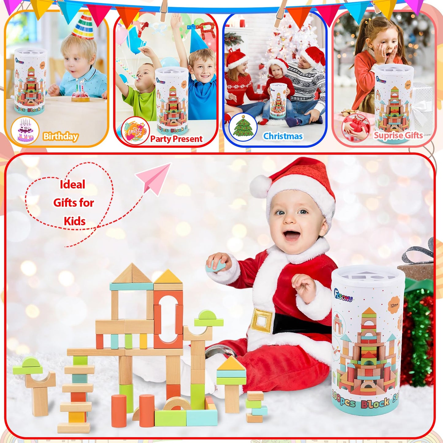 FCSONU Wooden Building Blocks for Toddlers 1-3, 100 Pcs Wood Blocks Set - Sorting & Stacking Toys with Storage and Lid, Kid Montessori Toys Ages 2+, Christmas 1st Birthday Gifts for Boys Girls Baby