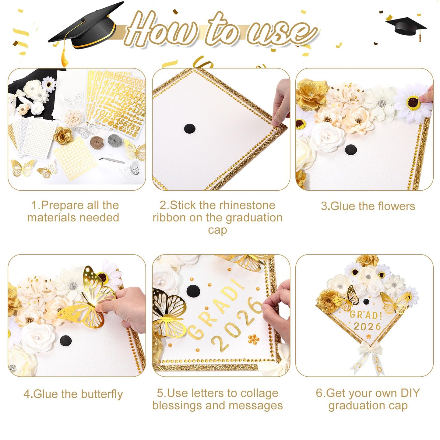 Wavwavw 63 Pcs DIY Graduation Cap Decorations Kit Include Faux Flowers 3D Butterfly Bow Self Adhesive Rhinestones and Alphabet Letter Stickers for 2026 Grad Cap Topper Decor Graduation Party(White)