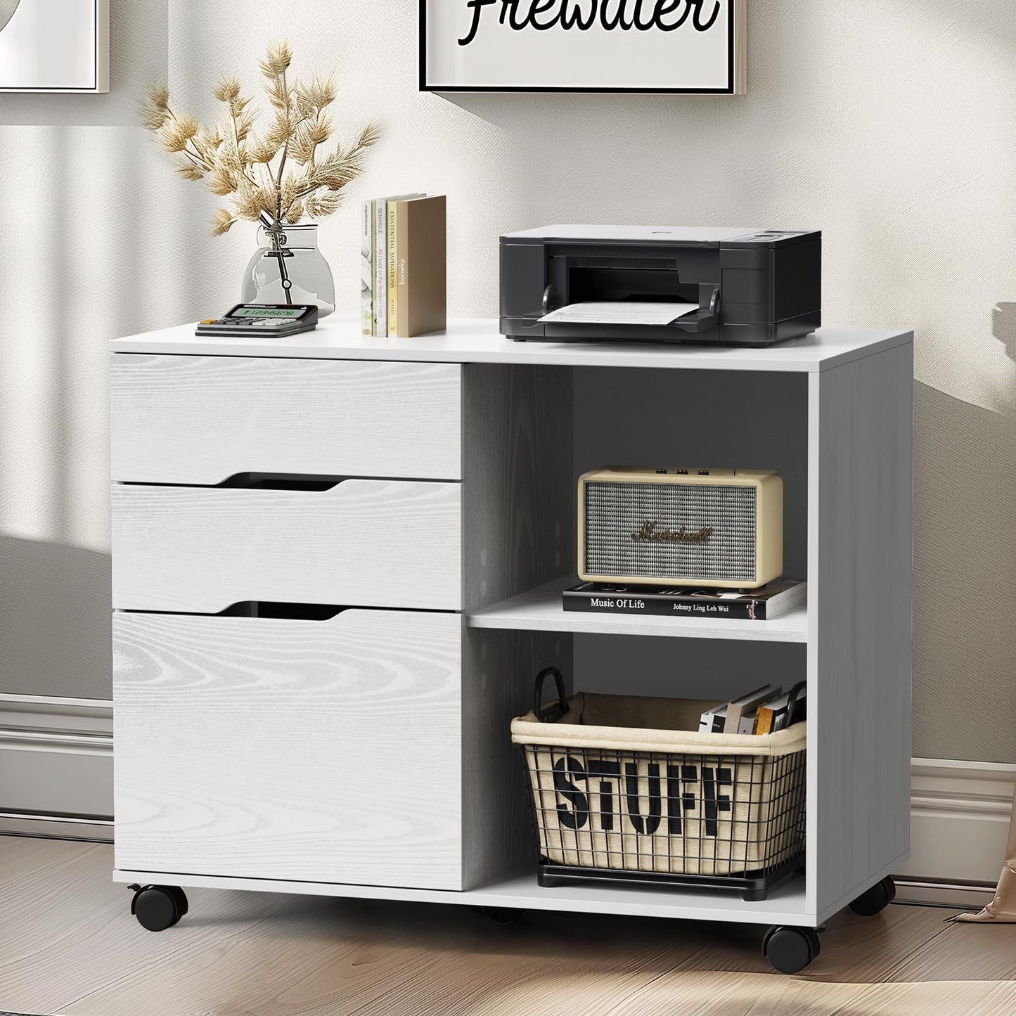 DUMOS Lateral File Cabinet with 3 Drawers Rolling Filing Cabinets Under Desk Storage Printer Stand Wood Organizer with Wheels Adjustable Shelf for Office Home Small Space, White