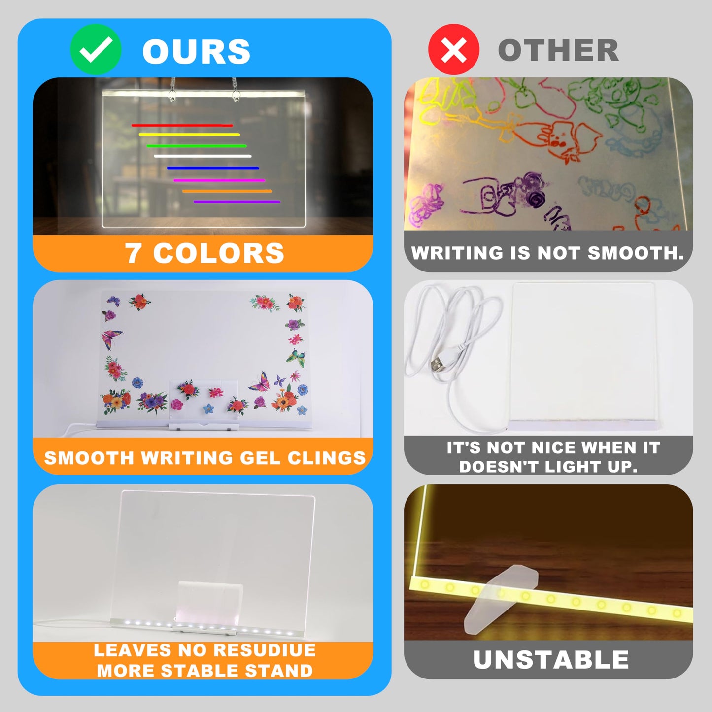 LED Drawing Board, 14'' Acrylic Note Board with Colors, Include LED Light Up Writing Pad 4 Modes & 7 Colors, 8 Markers, Stand, Hanging Chain, 2 Gel Clings, Holiday Gift