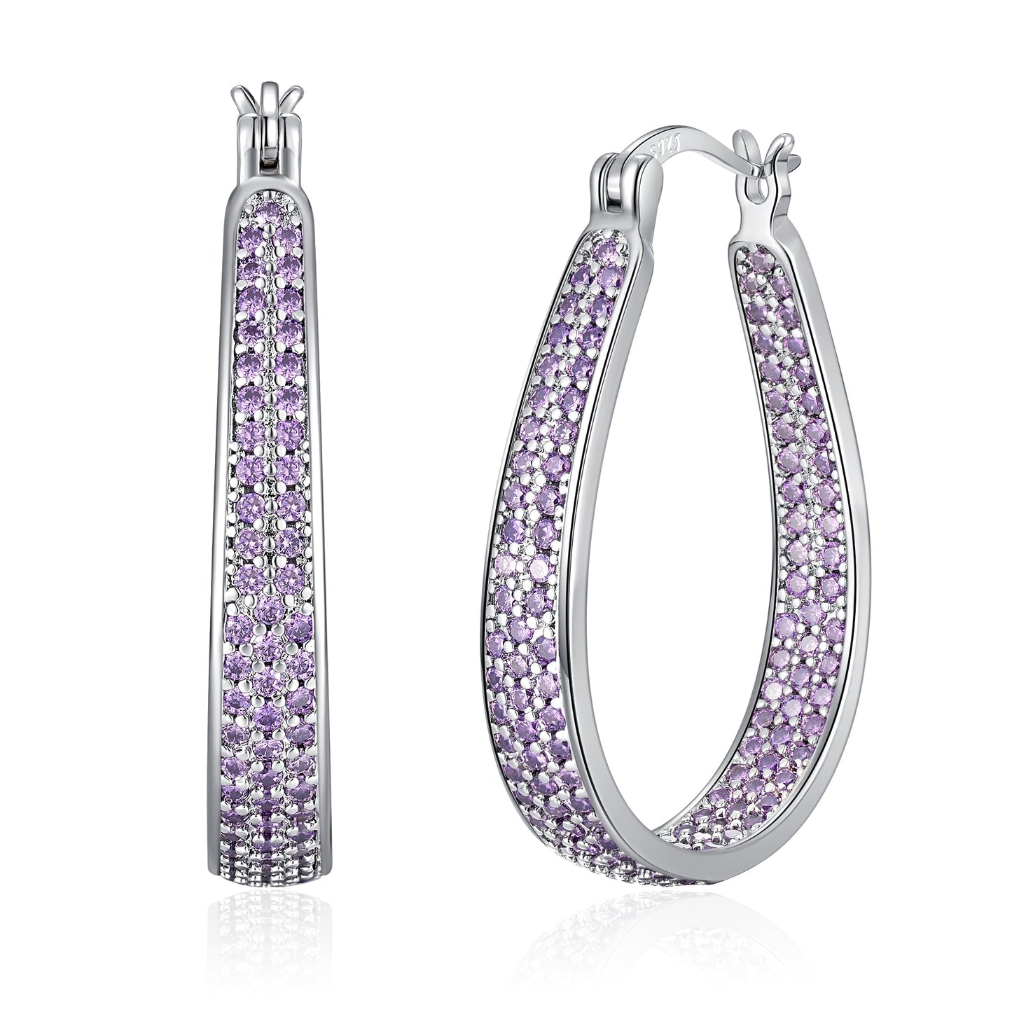 CiNily 925 Sterling Silver Post Hoop Earrings for Women Light Purple Cubic Zircon Hoop Earrings 14K White Gold Plated Oval Chunky Gemstone Hoop Earrings Jewelry