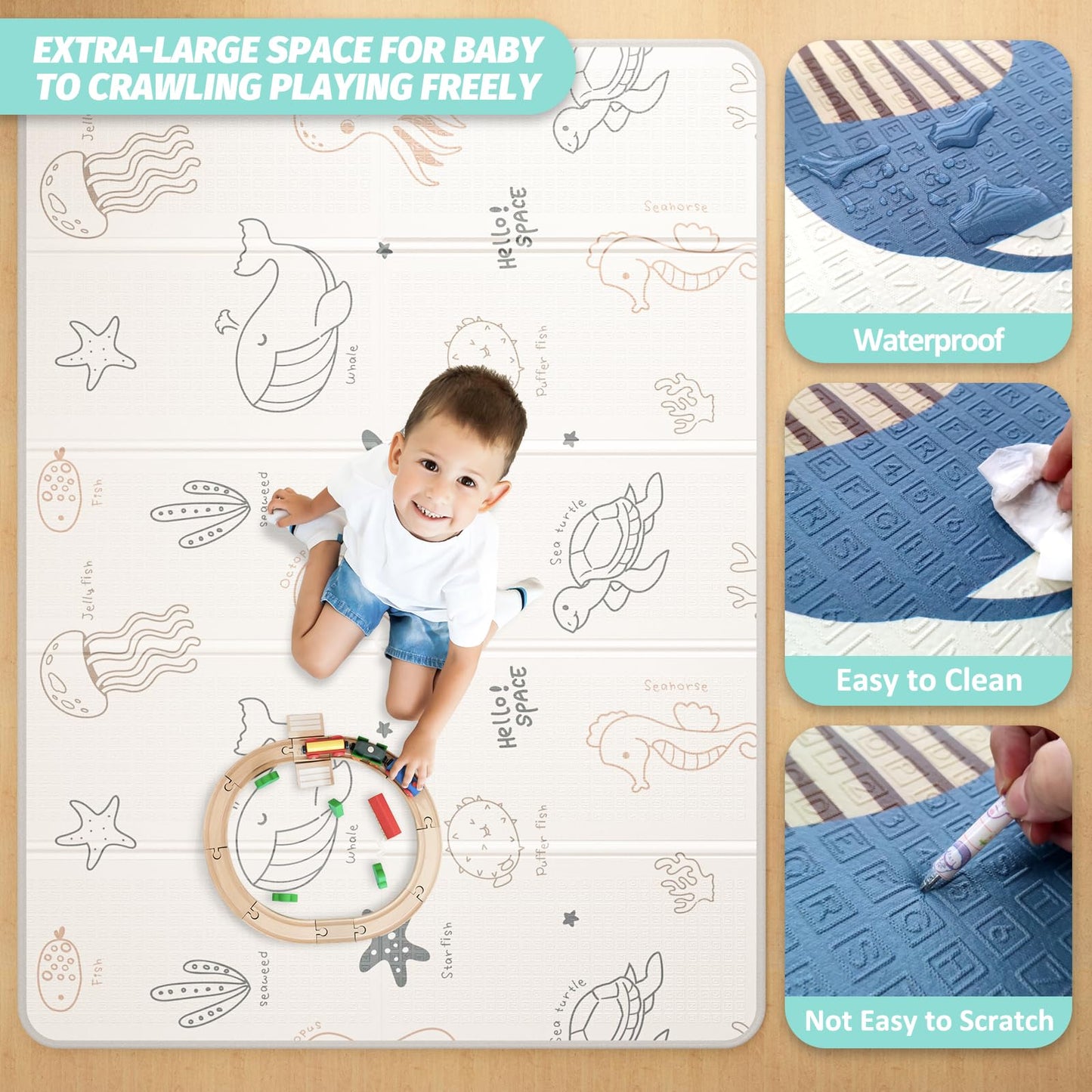 Foldable Baby Play Mat, Double-Sided Design, 79x59 inches, Waterproof, Non-Slip, Extra Thick 0.4 inch, Sea Animals and Elephant Patterns