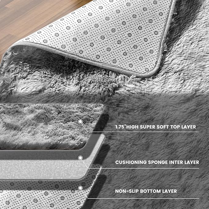 Large Area Rugs for Living Room, Fluffy Shag Fuzzy Plush Soft Bedroom Area Rugs, Indoor Floor Carpet for Kids Boys Girls Dorm Nursery Home Decor Aesthetic(Tie-Dyed Light Grey, 6x9 Feet)