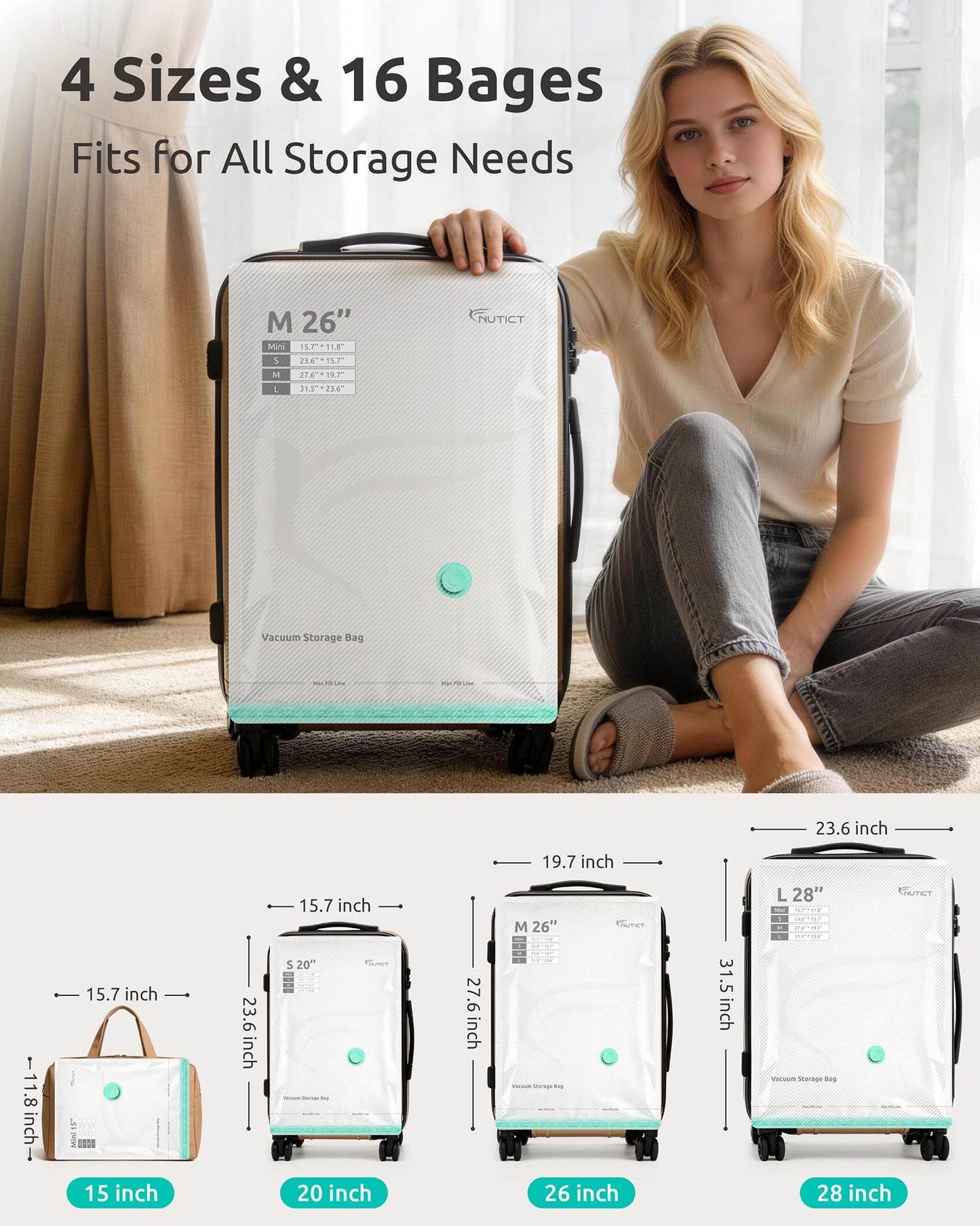 NUTICT 16 Pack Vacuum Storage Bags for Travel, 2000mAh Rechargeable Wireless Air Pump, Long-Term Reusable Vacuum Seal Bag for Clothes & Blankets, Compression Space Saver for Luggage and Suitcase