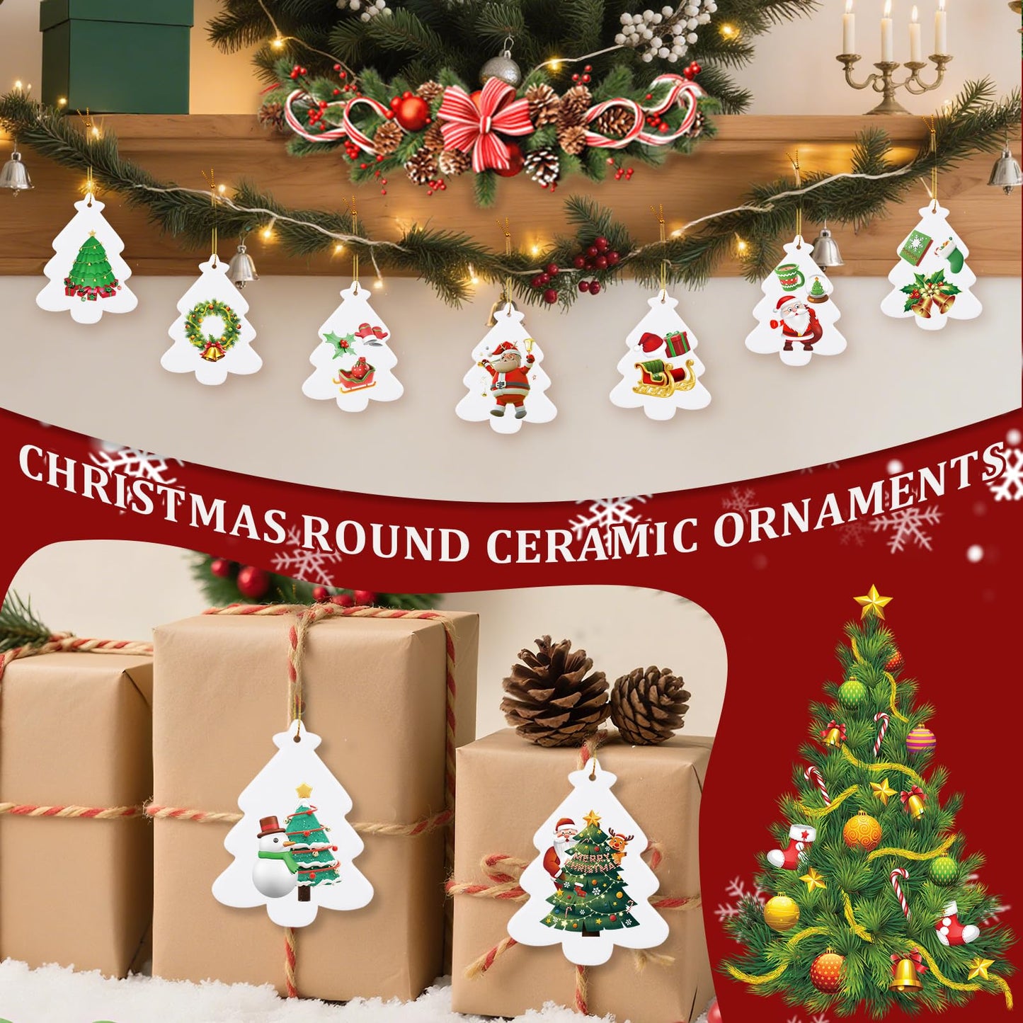 WANDIC Sublimation Ceramic Ornaments Blank, 12Pcs Christmas Tree Shaped Personalized Decoration Bulk White Ceramic Tile with Gold String for Crafting