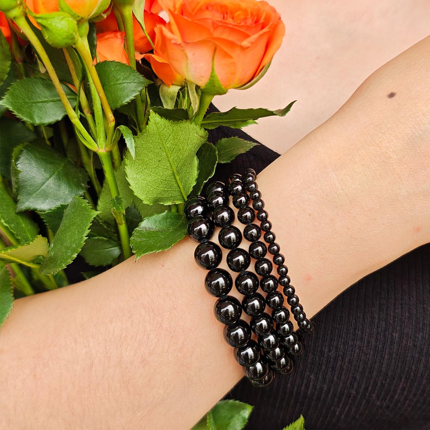 Handmade Natural Gemstone Elastic Bracelet - Healing Crystal Beads Jewelry, Unisex (Black Tourmaline, 8mm)