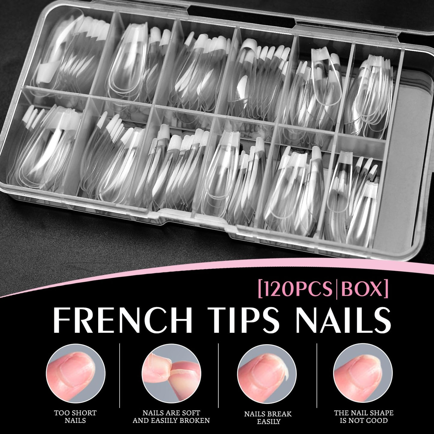 Bellelfin White French Tip Press on nails Long Coffin Fake Nails, 120PCS Coffin Nail Tips Long French Tip Nails, Clear Acrylic Press on Nail Full Cover False Nail