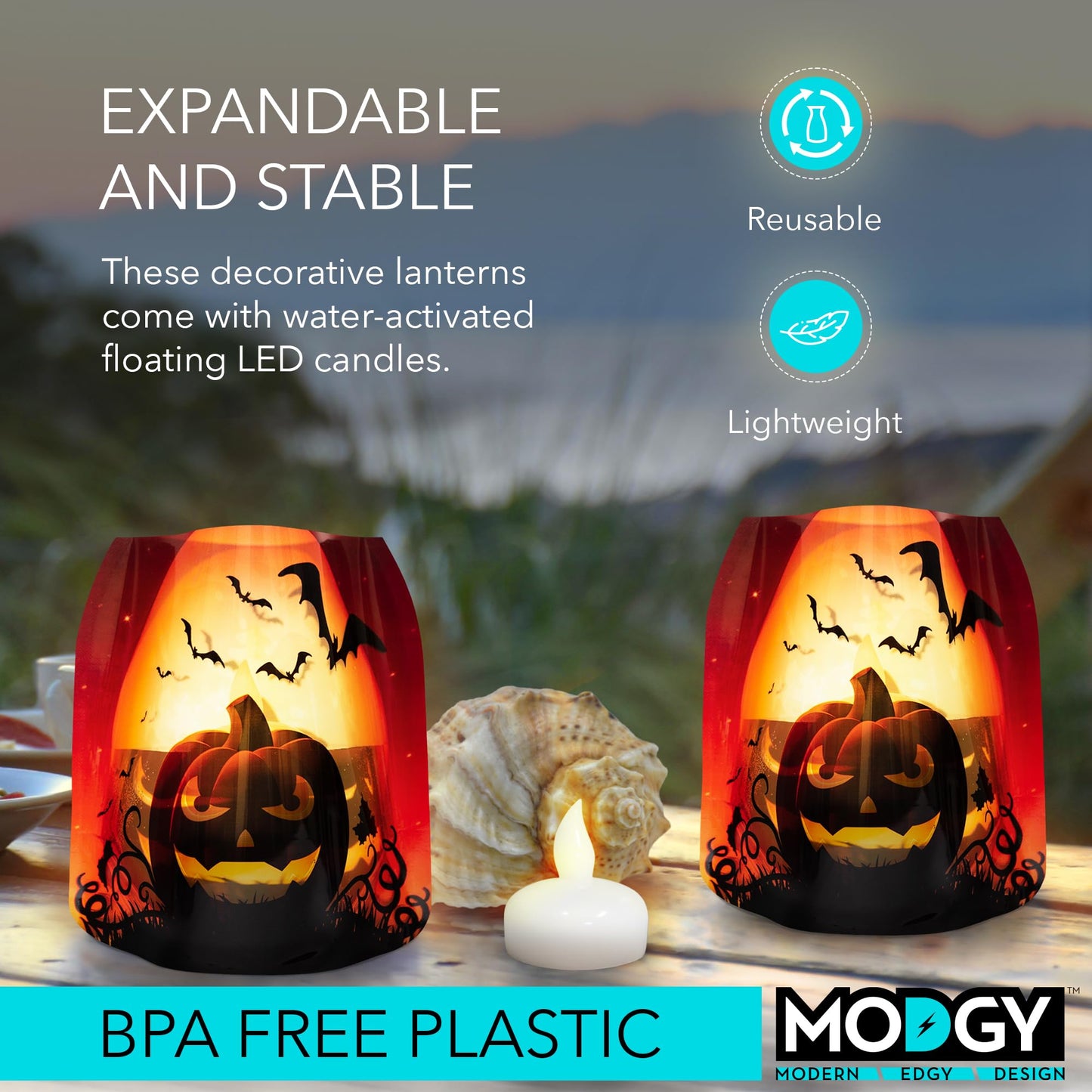 MODGY Luminary Lanterns, Halloween Candle Holders with Flameless Floating LED Candles, Indoor Outdoor Decor for Parties, Home, Windows, and Mantels, Table Centerpiece, 4-Pack, Jacko