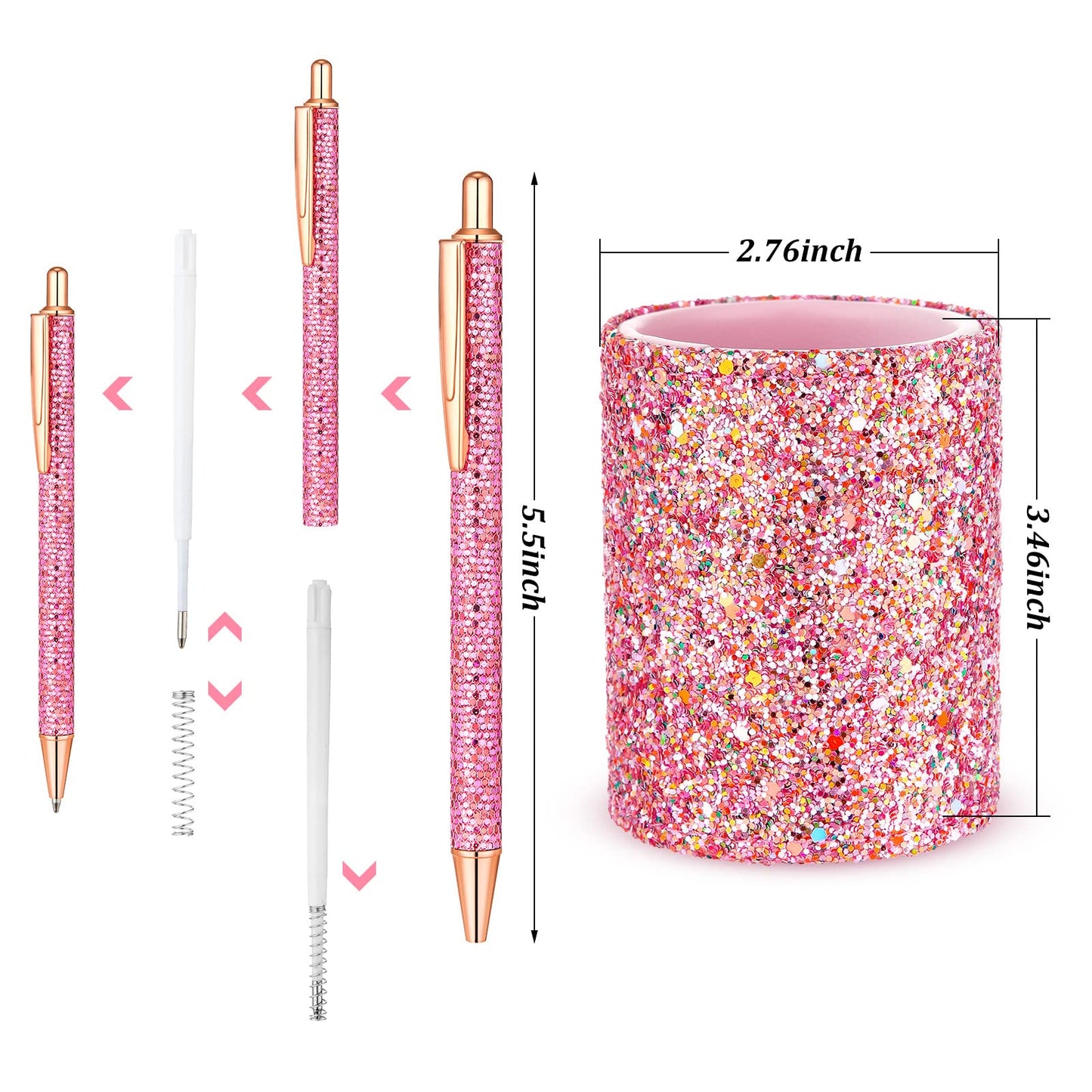 BBTO Bling Sequin Pen Holder with 6 Pcs Sequin Click Pens Cute Glitter Retractable Ballpoint Pens, Pencil Cups for Desk Organizer Makeup Brush Holder for Women Girls Classroom Offices(Pink)