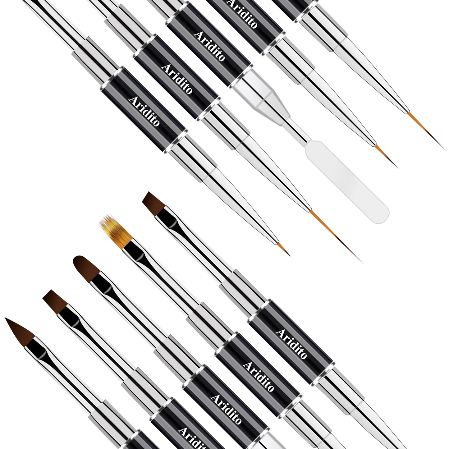 Aridito One 7-Pin Stainless Steel Nail Tool And 5pcs Double-Ended Nail Art Brushes Set With 5/10/15/20mm Liner Brushes, Gel Taking, Ombre/Flat/3D/Oval/Angled Brushes For DIY Manicures & Salons