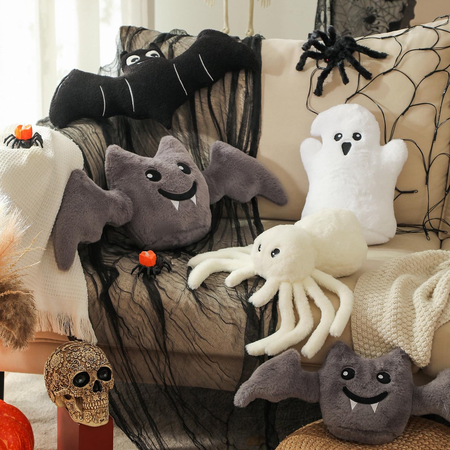 YRXRUS Spider Pillows, Halloween Pillows, Cute Spider Shaped Throw Pillow for Happy Halloween Decoration, White Plush Pillow Gifts, 12x18 in Small Cute Soft Rabbit Fur for Fall Accent Pillow