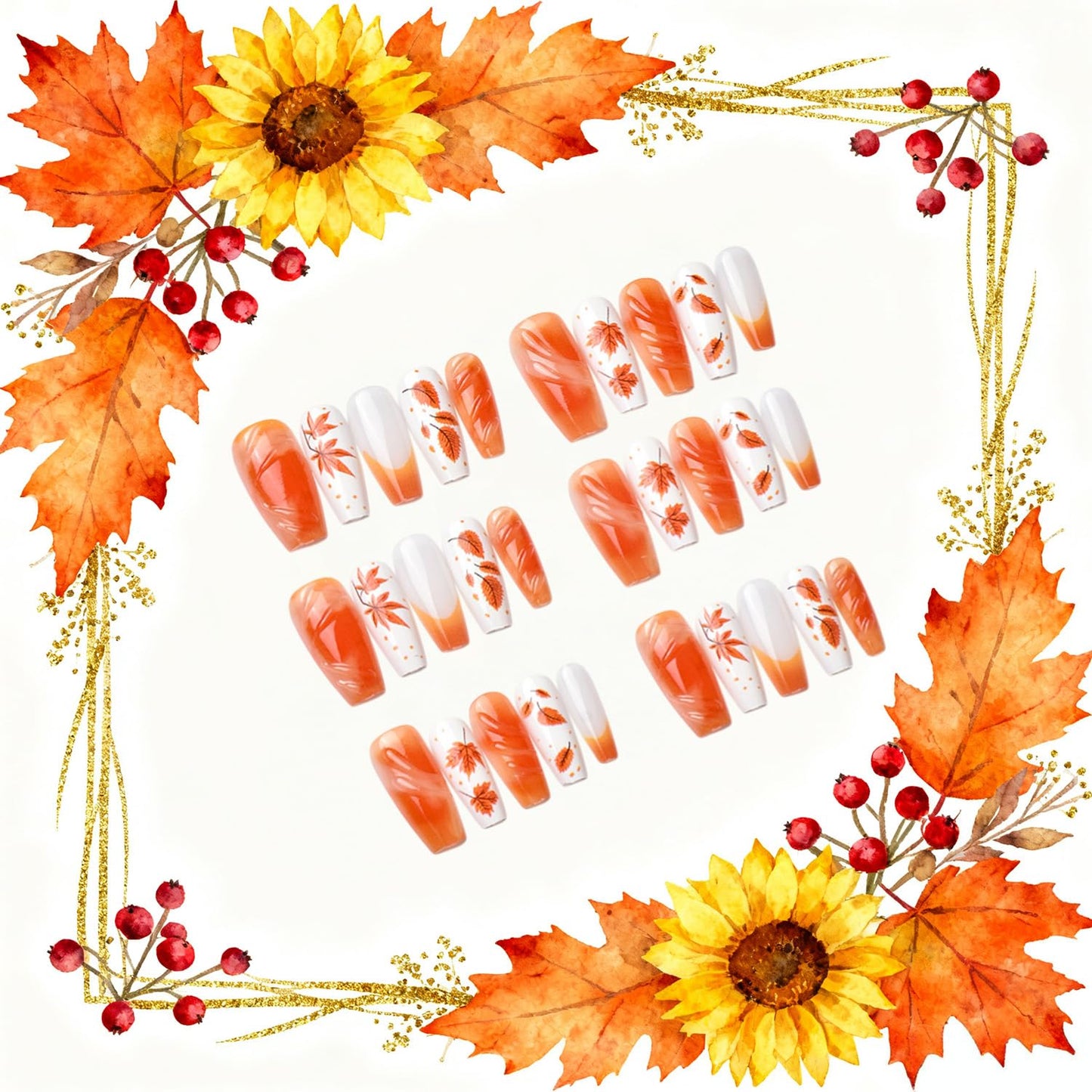 CJDLTS 30Pcs Fall Press on Nails Medium Ballet Artificial Acrylic Fake Nails French Orange Tip Maple Leaf Stick on Nail Full Cover Autumn Thanksgiving False Nail Artificial Fingernails for Women