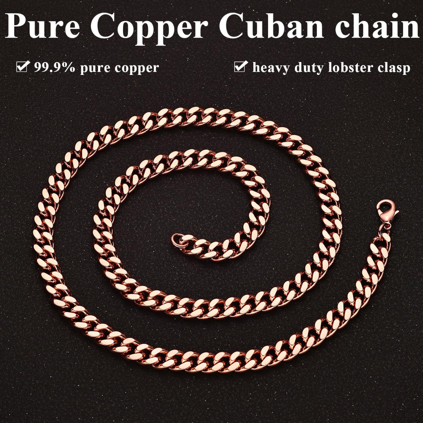 Heavenly Metals Copper Necklace for Men & Women – 99.9% Pure Copper Cuban Link Chain – 5mm, 7mm, 9mm, 12mm Width – 18" to 26" Length – Gift Box Included – USA Brand
