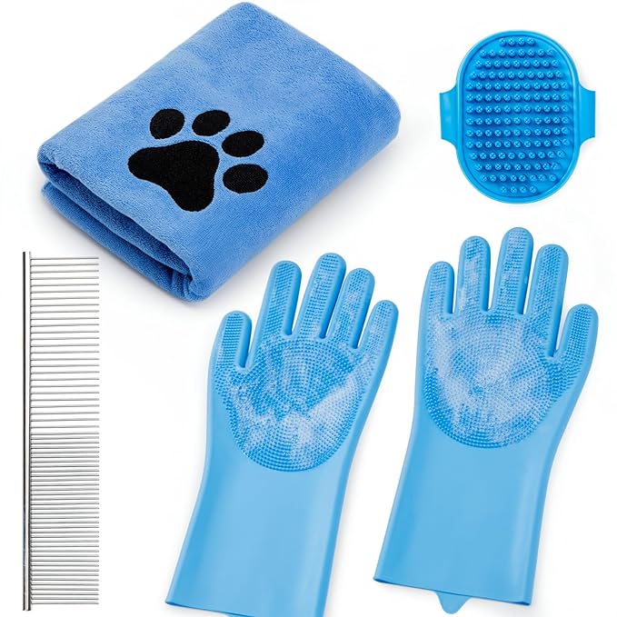 Pet Shower & Bath Supplies，Dog Shampoo Brush Set with Towel, Washing Gloves,Comb for Dogs and Cats (large pink)