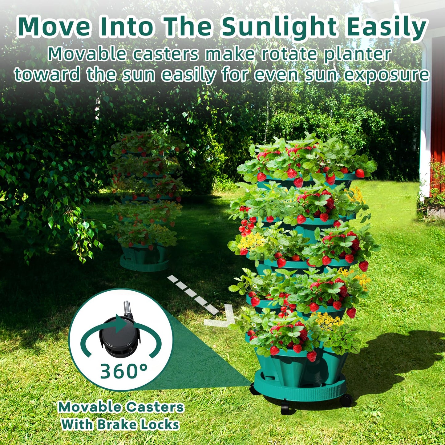 Tectsia Strawberry Vertical Planters Tower Garden, 7 Tiered Stacking Herb Vegetable Planter with Support Pole Indoor and Outdoor - Hunter Green