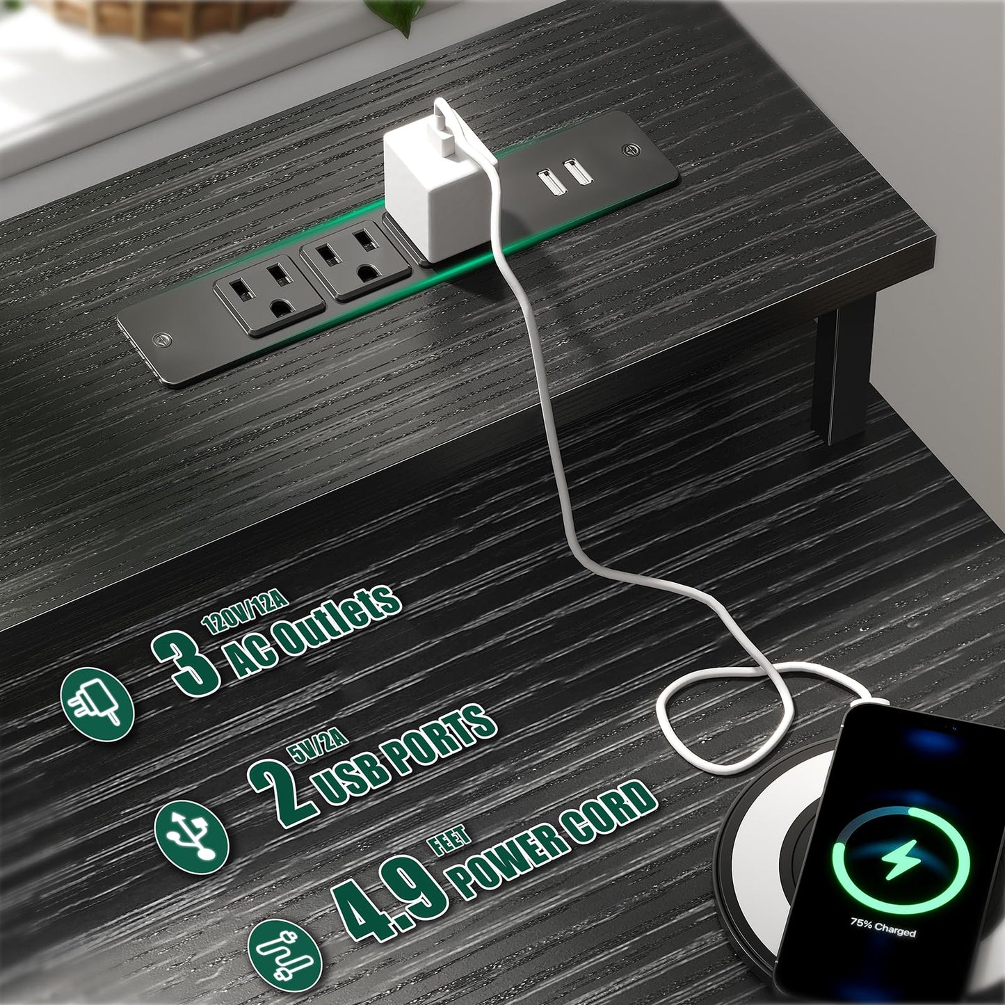 Korfile 47 Inch Gaming Desk with Power Outlets and LED Lights, Reversible Computer Desk with 5 Fabric Storage Drawers, Home Office Desk with Monitor Stand for Working Writing Study, Black