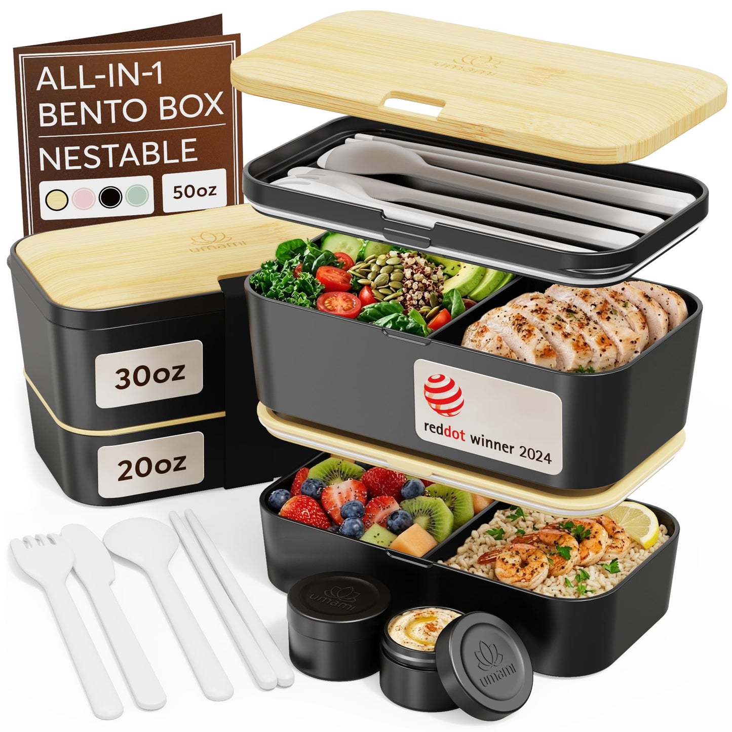 Umami Bento Box All-in-1 w/ 4 Utensils, 100% Leakproof, Dishwasher & Microwave Safe Lunch Containers for Adults w/ 4 Compartments, Black & Tan, 50 oz