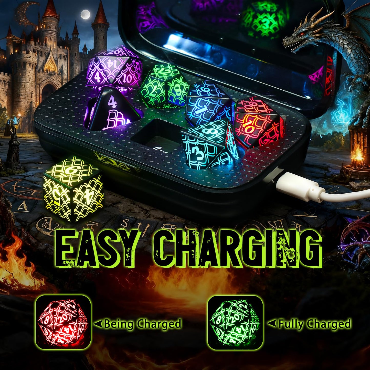 LED Dice with Charging Box，7 PCS RGB Light up Dice for Dungeons and Dragons, Polyhedral DND Dice Set for Tabletop Games Gifts（LL-RGB）