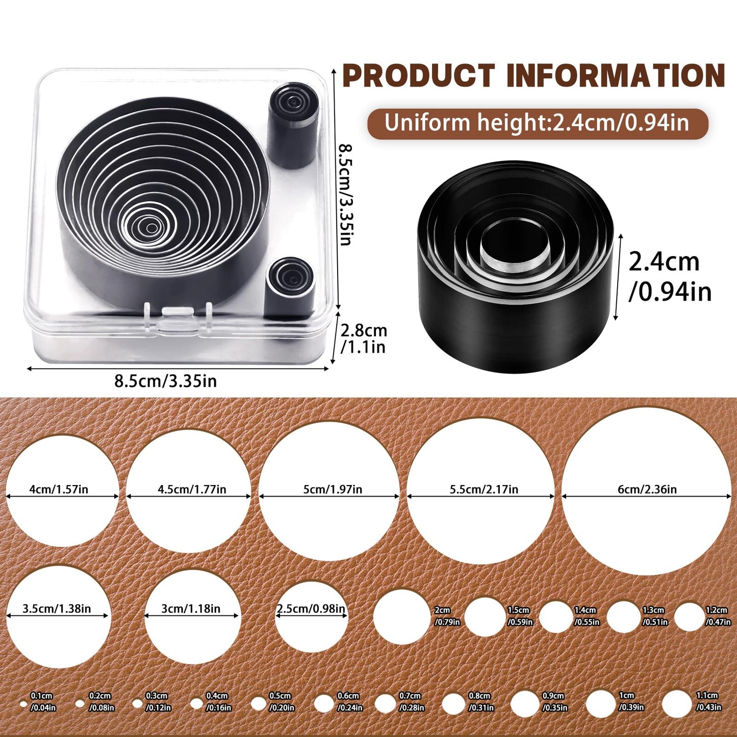 24 Pcs Leather Circle Dies Cutter Tool Set, Hole Punch Tools with 1-15mm 20 25 30 35 40 45 50 55 60 mm Hole Punch, High Carbon Steel Round Craft Punching Tools Kit for DIY Leather Crafts