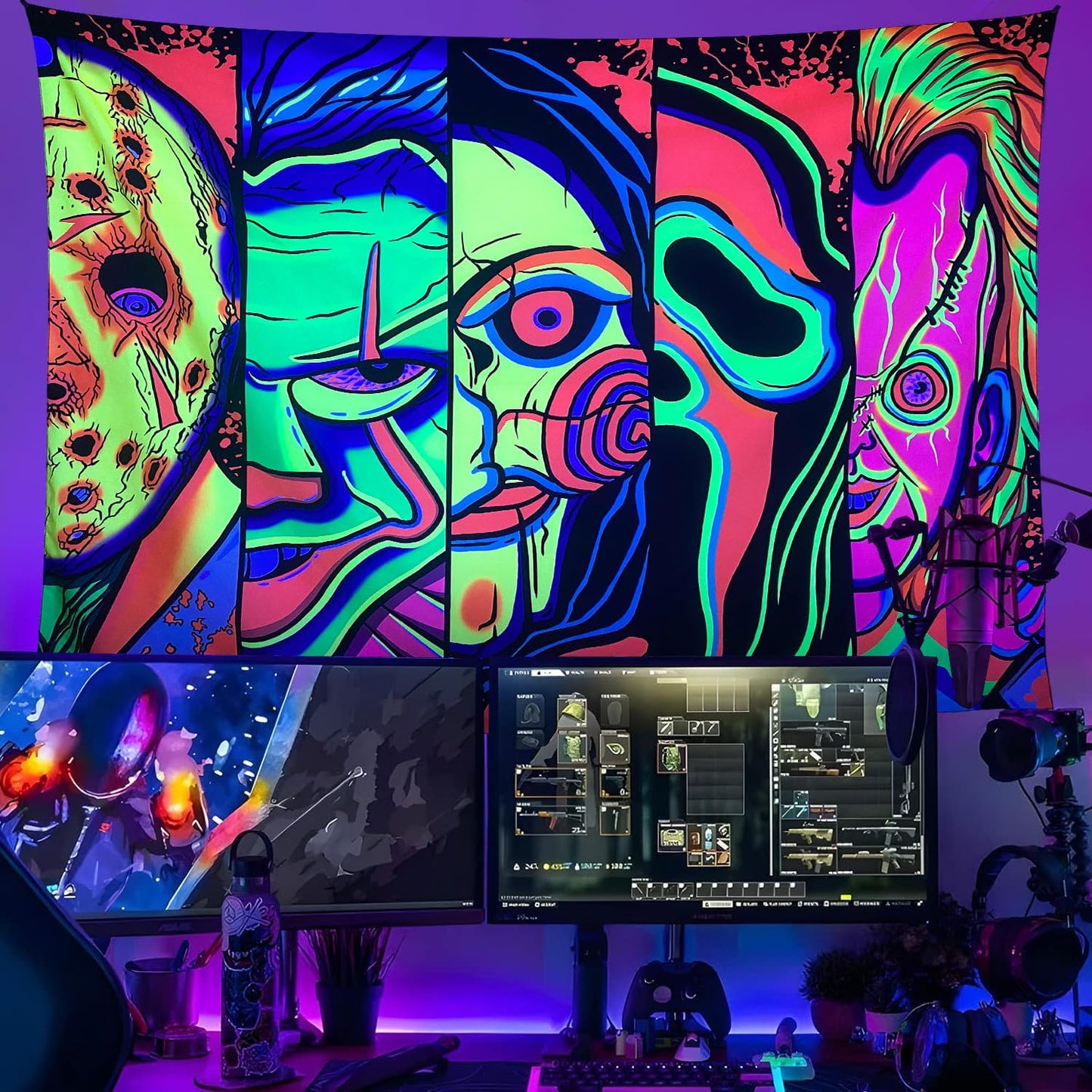 Black Light Art Halloween Wall Decor Trippy Blacklight Horror Face Tapestry, UV Reactive Tapestries Glow in The Dark Party Tapestry for Bedroom, Living Room (51" x 59")
