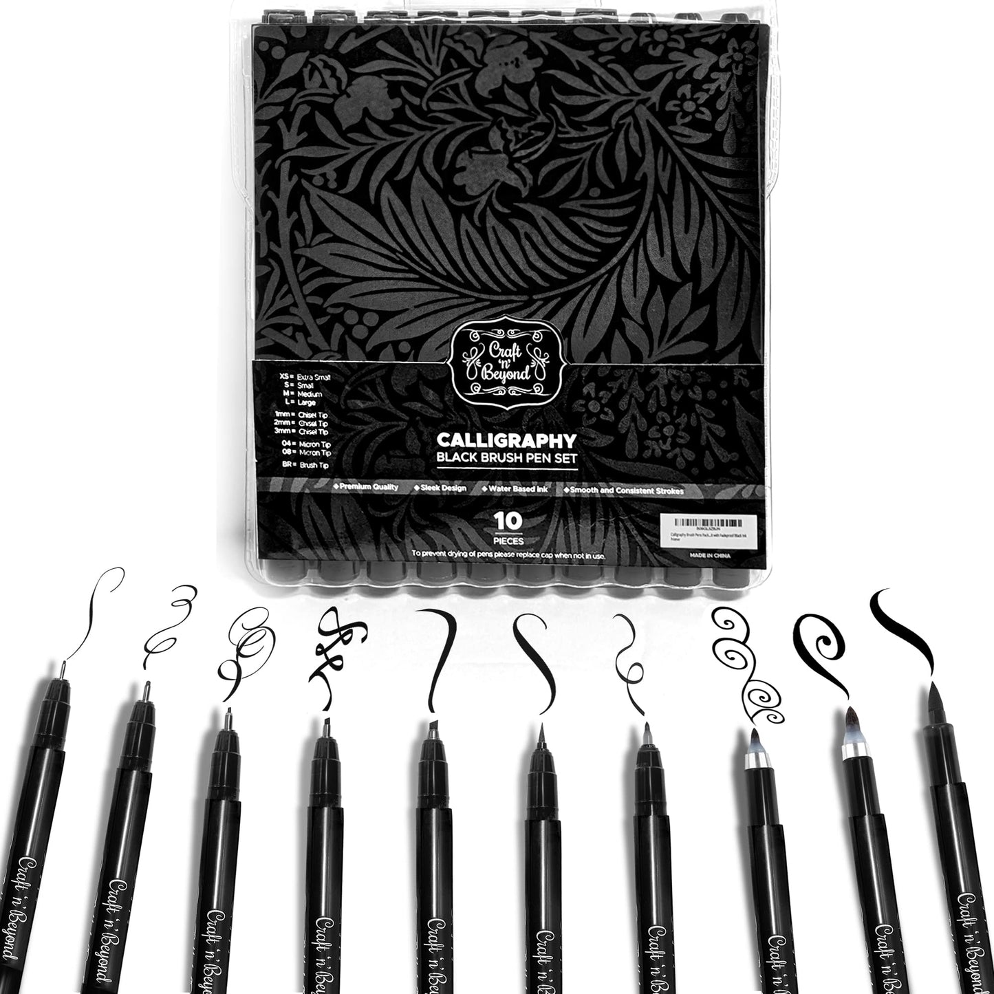 Craft 'n' Beyond Calligraphy Brush Pens Pack of 10 Markers for Hand Lettering, Art Drawing, Sketching, Scrapbooking, Writing, Journaling tip - Beginner Kit with Fadeproof Black Ink