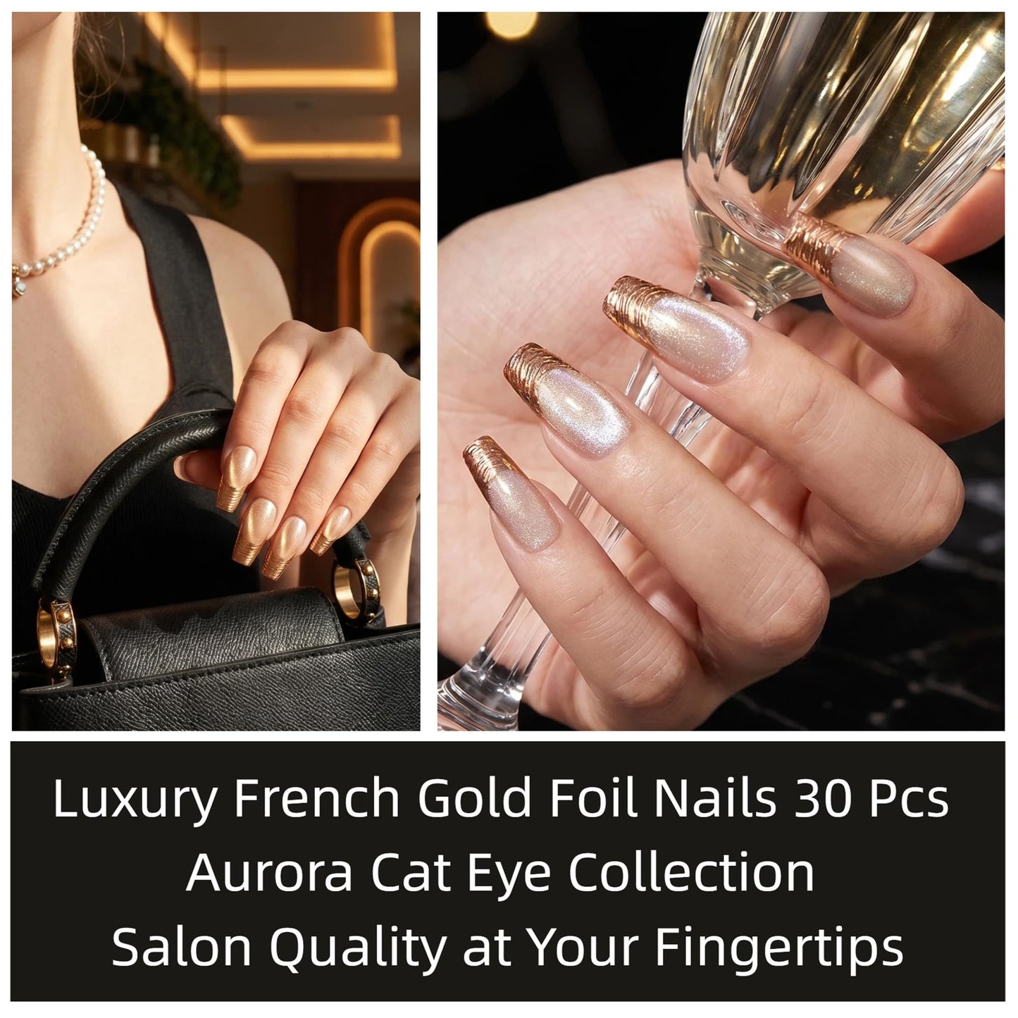 Taoyisent Cat Eye Gold Foil Press On Nails Medium Square Soft Gel Reusable Fake Nails 30PCS Nude Pink Magnetic Glossy Nails Kit