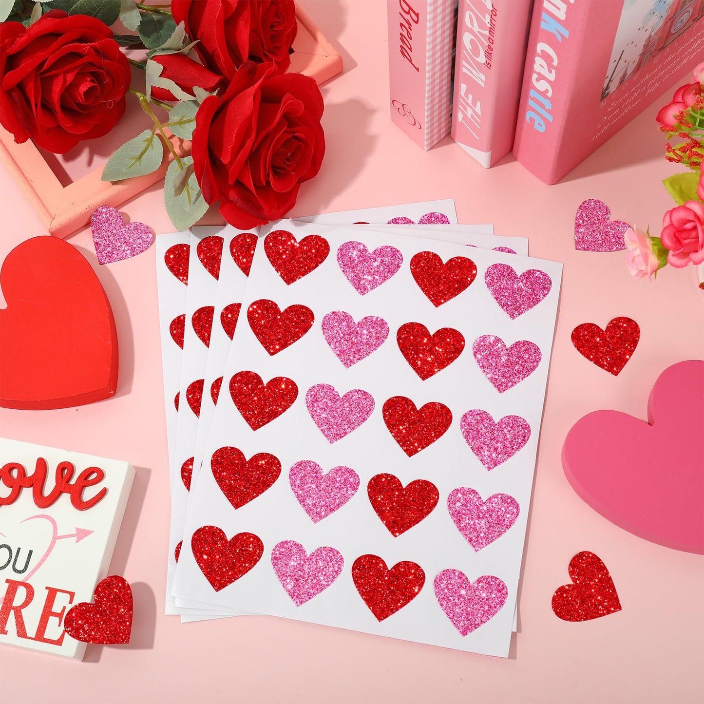 Whaline 500Pcs Valentine's Day Glitter Heart Stickers Pink Red Heart Shape Adhesive Decals Valentines Love Hearts Sticker Labels Decorative Envelope Seal Stickers for Wedding Anniversary Party